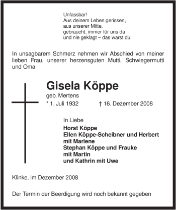 Traueranzeige von Gisela Köppe von ALLGEMEINE ZEITUNG UELZEN