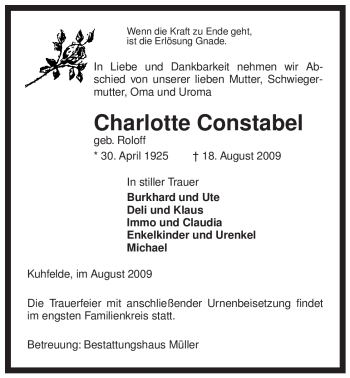 Traueranzeige von Charlotte Constabel von ALLGEMEINE ZEITUNG UELZEN