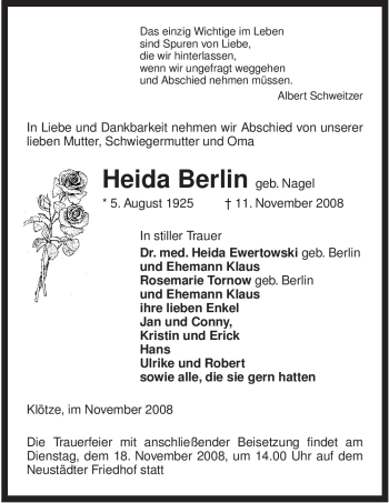 Traueranzeige von Heida Berlin von ALLGEMEINE ZEITUNG UELZEN