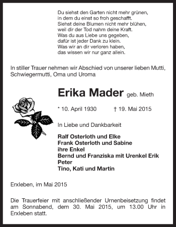 Traueranzeige von Erika Mader von Uelzen