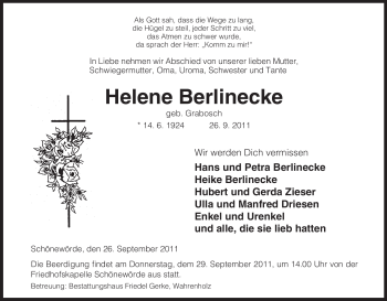 Traueranzeige von Helene Berlinecke von ALLGEMEINE ZEITUNG UELZEN