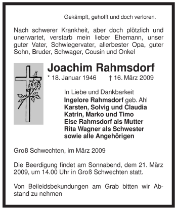 Traueranzeige von Joachim Rahmsdorf von ALLGEMEINE ZEITUNG UELZEN