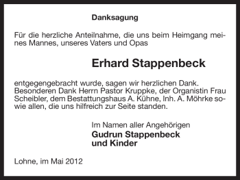 Traueranzeige von Erhard Stappenbeck von ALLGEMEINE ZEITUNG UELZEN