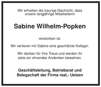 Traueranzeige von Sabine Wilhelm-Popken von ALLGEMEINE ZEITUNG UELZEN