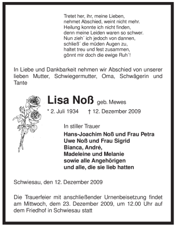 Traueranzeige von Lisa Noß von ALLGEMEINE ZEITUNG UELZEN