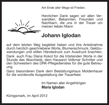 Traueranzeige von Johann Iglodan von ALLGEMEINE ZEITUNG UELZEN