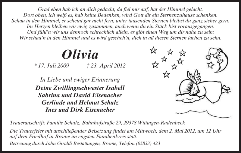  Traueranzeige für Olivia Unbekannt vom 28.04.2012 aus ALLGEMEINE ZEITUNG UELZEN