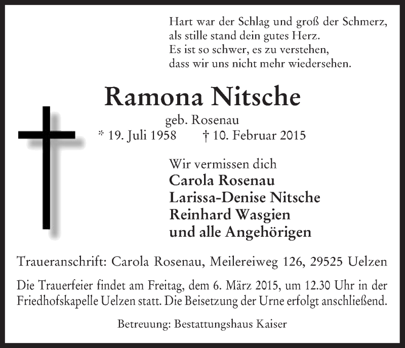  Traueranzeige für Ramona Nitsche vom 04.03.2015 aus Uelzen