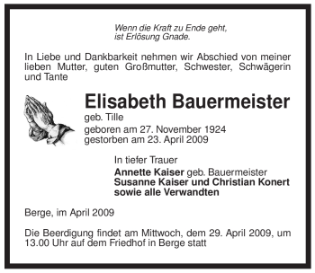 Traueranzeige von Elisabeth Bauermeister von ALLGEMEINE ZEITUNG UELZEN