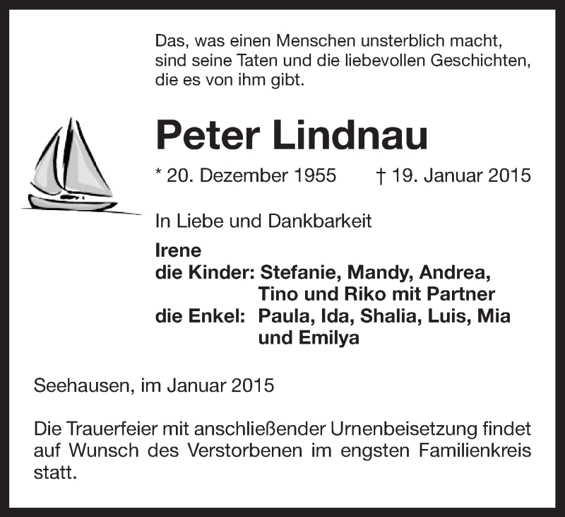  Traueranzeige für Peter Lindnau vom 22.01.2015 aus Uelzen