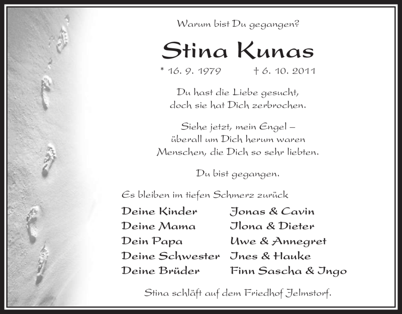  Traueranzeige für Stina Kunas vom 22.10.2011 aus ALLGEMEINE ZEITUNG UELZEN
