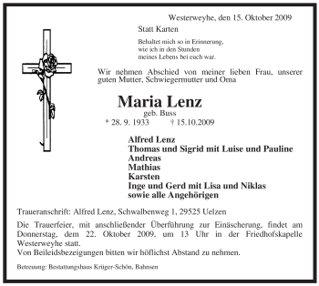 Traueranzeige von Maria Lenz von ALLGEMEINE ZEITUNG UELZEN