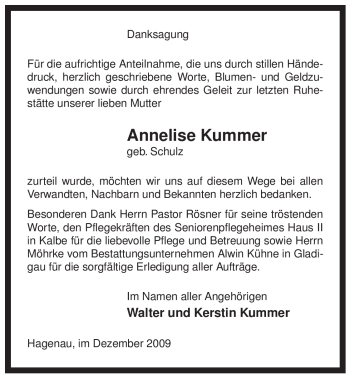 Traueranzeige von Annelise Kummer von ALLGEMEINE ZEITUNG UELZEN