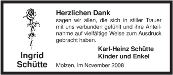 Traueranzeige von Ingrid Schütte von ALLGEMEINE ZEITUNG UELZEN