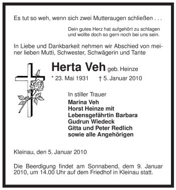 Traueranzeige von Herta Veh von ALLGEMEINE ZEITUNG UELZEN
