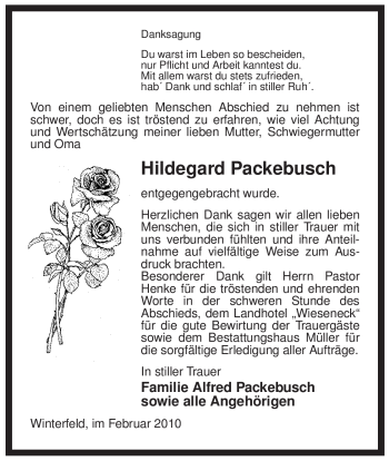 Traueranzeige von Hildegard Packebusch von ALLGEMEINE ZEITUNG UELZEN