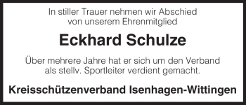 Traueranzeige von Eckhard Schulze von ALLGEMEINE ZEITUNG UELZEN