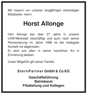 Traueranzeige von Horst Allonge von ALLGEMEINE ZEITUNG UELZEN