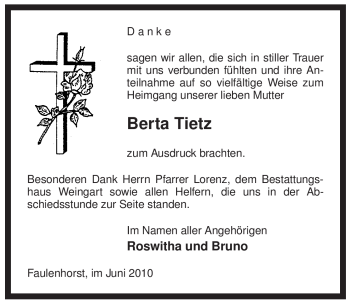 Traueranzeige von Berta Tietz von ALLGEMEINE ZEITUNG UELZEN