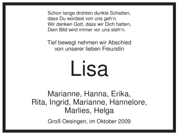 Traueranzeige von Lisa Meinecke von ALLGEMEINE ZEITUNG UELZEN