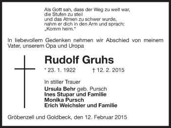 Traueranzeige von Rudolf Gruhs von Uelzen