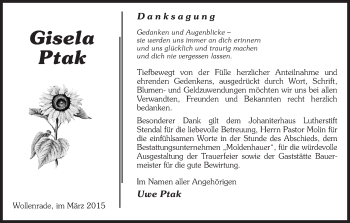 Traueranzeige von Gisela Ptak von Uelzen