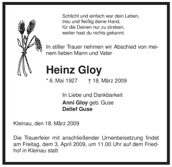 Traueranzeige von Heinz Gloy von ALLGEMEINE ZEITUNG UELZEN