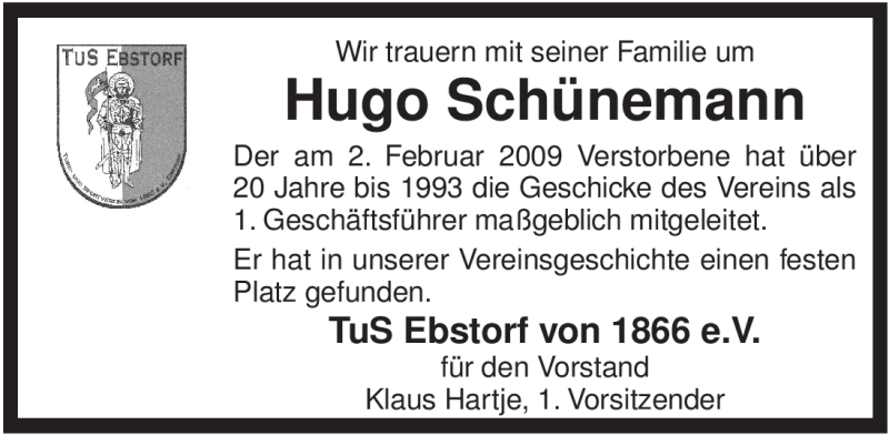  Traueranzeige für Hugo Schünemann vom 05.02.2009 aus ALLGEMEINE ZEITUNG UELZEN