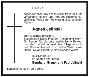 Traueranzeige von Agnes Jelinski von ALLGEMEINE ZEITUNG UELZEN