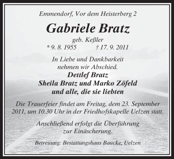 Traueranzeige von Gabriele Bratz von ALLGEMEINE ZEITUNG UELZEN