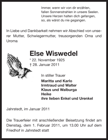 Traueranzeige von Else Wiswedel von ALLGEMEINE ZEITUNG UELZEN