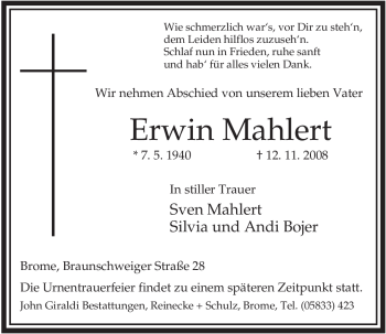Traueranzeige von Erwin Mahlert von ALLGEMEINE ZEITUNG UELZEN