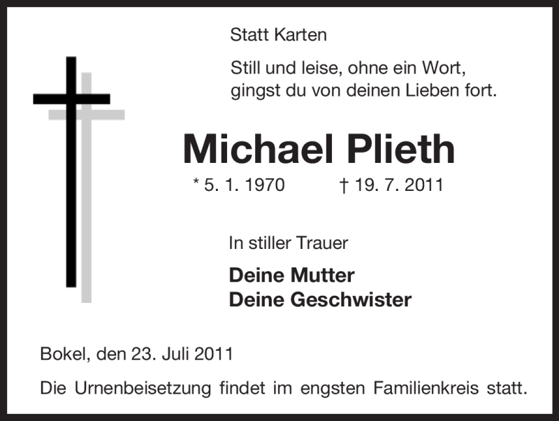  Traueranzeige für Michael Plieth vom 23.07.2011 aus ALLGEMEINE ZEITUNG UELZEN