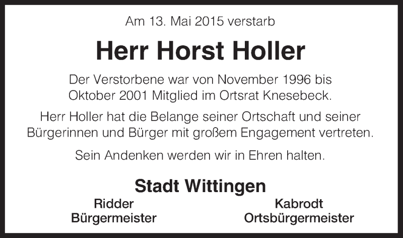  Traueranzeige für Horst Holler vom 19.05.2015 aus Uelzen