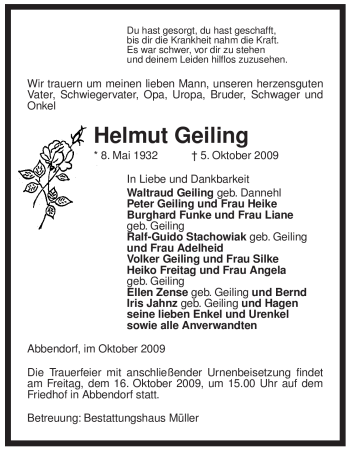 Traueranzeige von Helmut Geiling von ALLGEMEINE ZEITUNG UELZEN