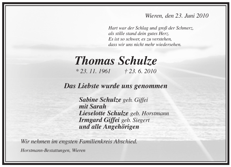  Traueranzeige für Thomas Schulze vom 26.06.2010 aus ALLGEMEINE ZEITUNG UELZEN