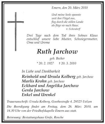 Traueranzeige von Ruth Jarchow von ALLGEMEINE ZEITUNG UELZEN