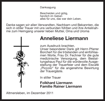 Traueranzeige von Anneliese Liermann von ALLGEMEINE ZEITUNG UELZEN