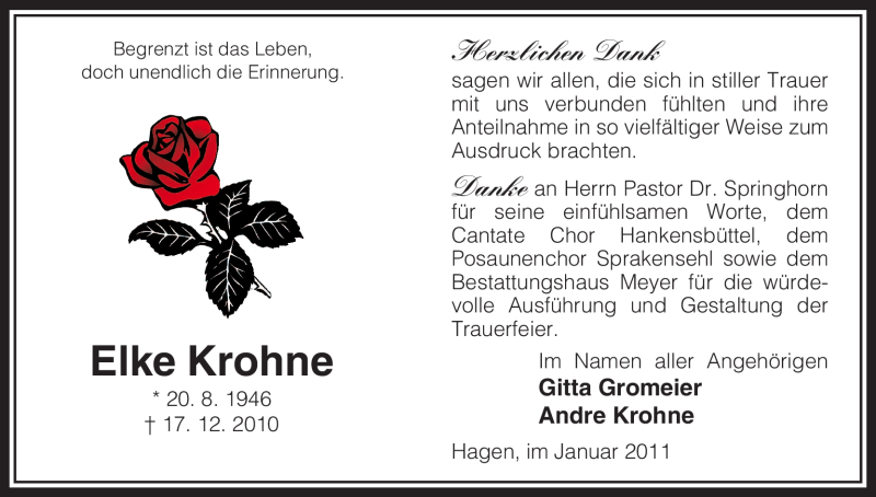  Traueranzeige für Elke Krohne vom 29.01.2011 aus ALLGEMEINE ZEITUNG UELZEN