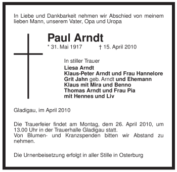 Traueranzeige von Paul Arndt von ALLGEMEINE ZEITUNG UELZEN