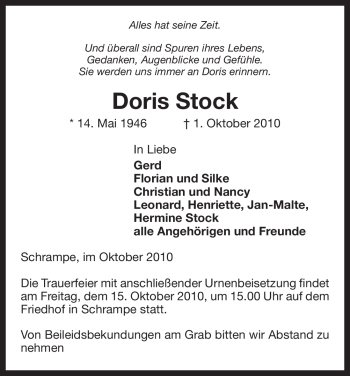 Traueranzeige von Doris Stock von ALLGEMEINE ZEITUNG UELZEN