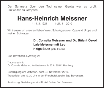 Traueranzeige von Hans-Heinrich Meissner von ALLGEMEINE ZEITUNG UELZEN