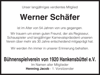 Traueranzeige von Werner Schäfer von ALLGEMEINE ZEITUNG UELZEN