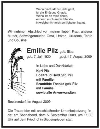 Traueranzeige von Emilie Pilz von ALLGEMEINE ZEITUNG UELZEN