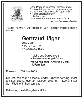 Traueranzeige von Gertraud Jäger von ALLGEMEINE ZEITUNG UELZEN