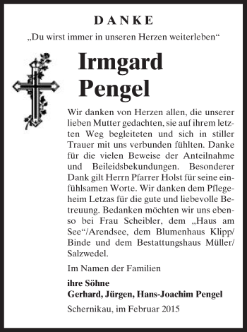 Traueranzeige von Irmgard Pengel von Uelzen