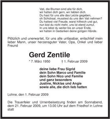 Traueranzeige von Gerd Zentile von ALLGEMEINE ZEITUNG UELZEN