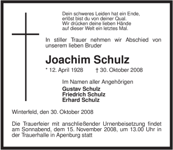 Traueranzeige von Joachim Schulz von ALLGEMEINE ZEITUNG UELZEN