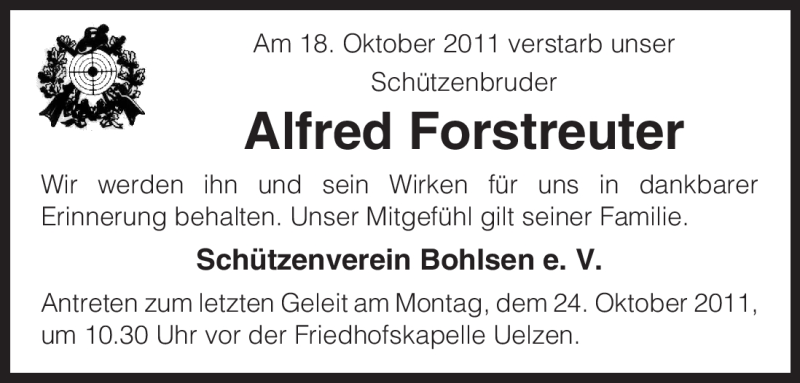 Traueranzeige für Alfred Forstreuter vom 22.10.2011 aus ALLGEMEINE ZEITUNG UELZEN
