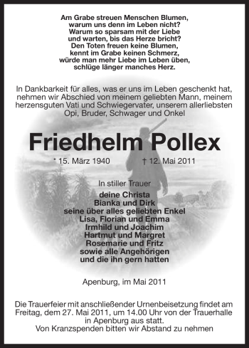 Traueranzeige von Friedhelm Pollex von ALLGEMEINE ZEITUNG UELZEN